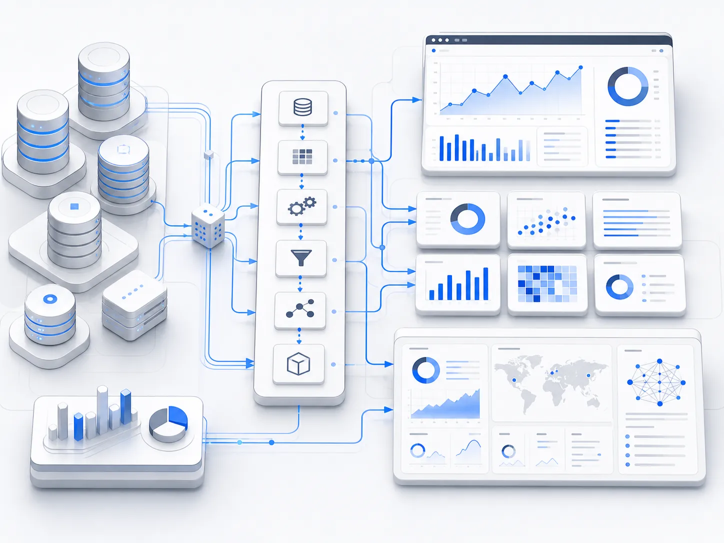 Enterprise data platform visual with ETL pipelines and analytics dashboards