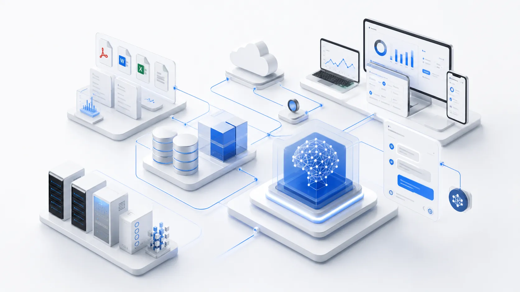 Enterprise AI system architecture visual showing documents, data, assistants, and operations
